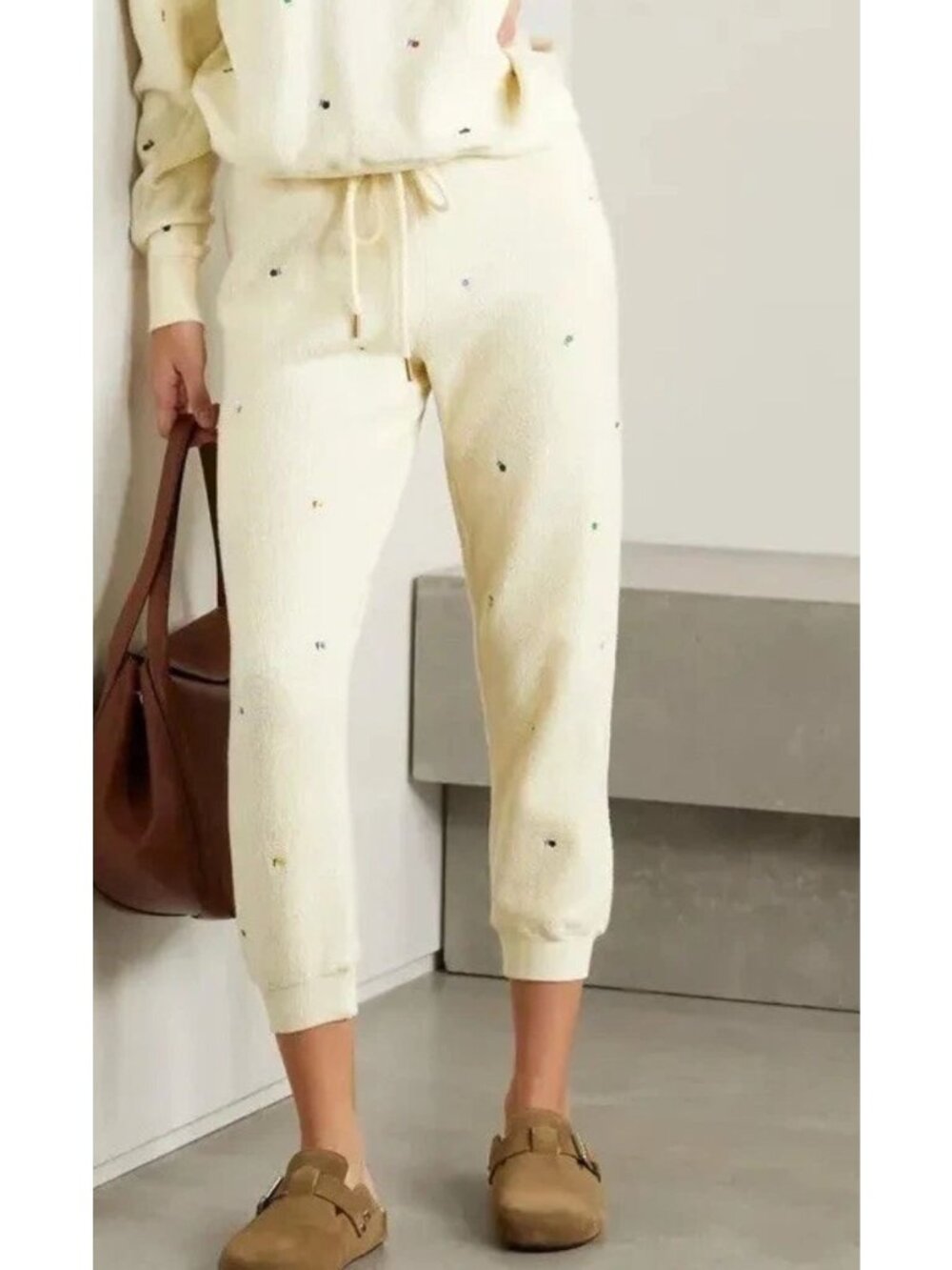 THE GREAT. The Sherpa Crop Fleece Joggers Sweatpants Floral White 1 Small